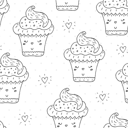 Cute hand drawn cupcake seamless pattern illustration.のイラスト素材