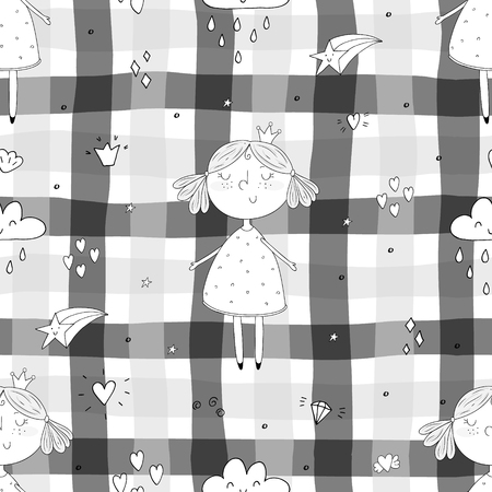 Cute hand drawn with cute little girl vector seamless pattern illustrationのイラスト素材