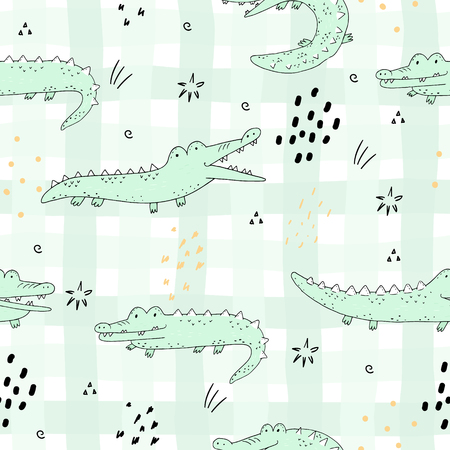 Cute hand drawn seamless pattern with funny crocodilesのイラスト素材
