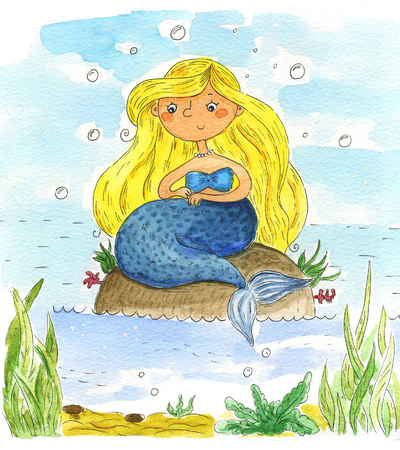 Watercolor mermaid. Cute cartoon painted illustration. Watercolor hand drawn illustration.の写真素材