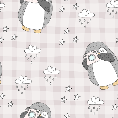 Seamless pattern with cute penguins. Hand-drawn illustration. Vectorのイラスト素材