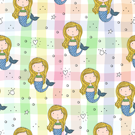 Seamless pattern with Hand drawn vector little mermaid.のイラスト素材