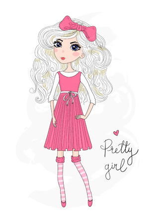 Hand drawn beautiful cute blonde girl with an inscription pretty girl.. Vector illustrationのイラスト素材