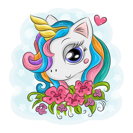 Cute Cartoon Unicorn on a Blue background.のイラスト素材