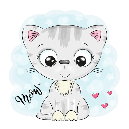 Cute Cartoon kitten on a blue background. vector illustration.のイラスト素材