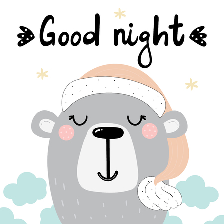 Good night print with cute bear and lettering.のイラスト素材
