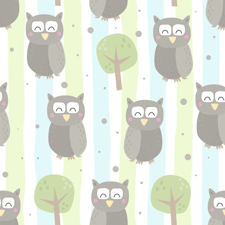 Seamless pattern with colorful funny owls. Funny owl vector illustration. You can use the print design for t-shirts, posters and cards.のイラスト素材