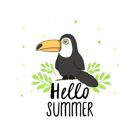 Hello summer. Cartoon vector illustration of a little cute toucan bird perching on a tree branch.のイラスト素材