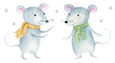 Cute cartoon christmas rat mouse. Watercolor hand drawn animal illustration. Isolated on white background.の写真素材