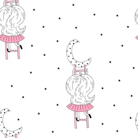 Vector seamless pattern illustration. Cute little girl on stairs reaching for her moon. Vector doodle illustration in pink colour for girlish designs like textile apparel print, wall art, poster.のイラスト素材