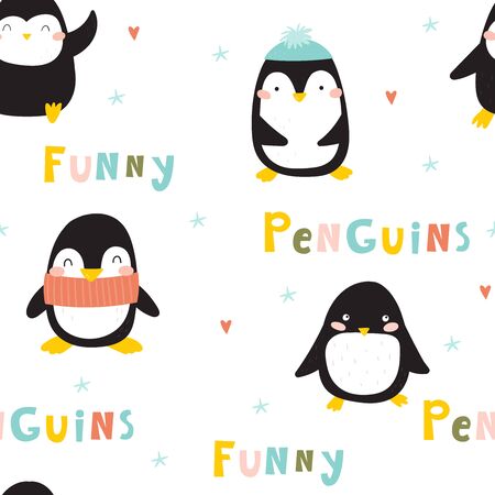 Seamless pattern with penguins. Cute penguin cartoon illustration. Animals pattern.のイラスト素材