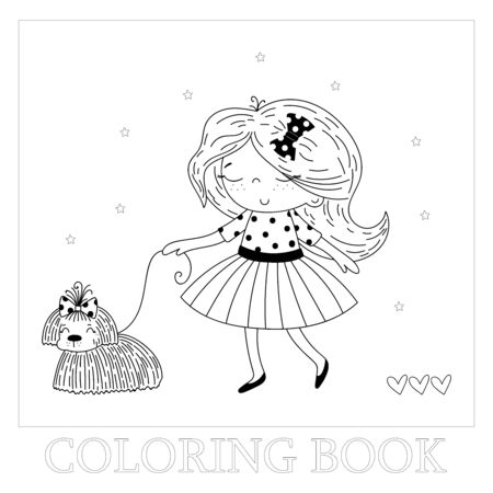 Hand drawn page for coloring book with cute little girl and dogvector illustration. Vector doodle illustration for girlish designs.のイラスト素材