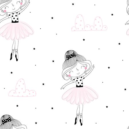 Cute hand drawn with cute little girl ballerina vector seamless pattern illustration.のイラスト素材