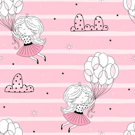 Vector seamless pattern illustration. Cute little girl in pink flying away in the sky with her pink balloon. Vector funny doodle illustration for girlish designs like textile apparel print, wall art. Hand drawn cute fashion cartoon girlのイラスト素材