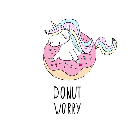 Cute summer print with unicorn. Hand drawn lettering - Donut worry. vector printのイラスト素材