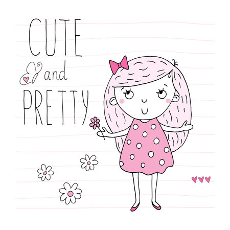 pretty little pink girl vector illustration. doodle nursery illustration. children print on t-shirtのイラスト素材