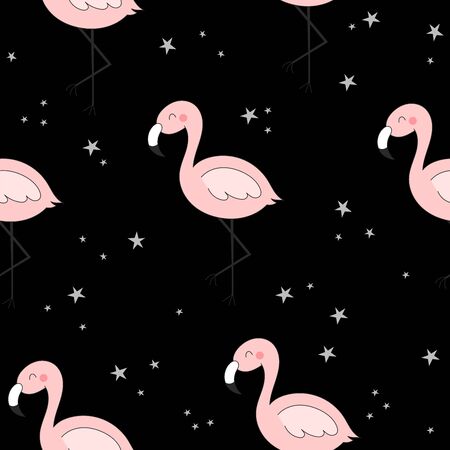 Cute hand drawn seamless pattern with pink flamingo. Vector printのイラスト素材