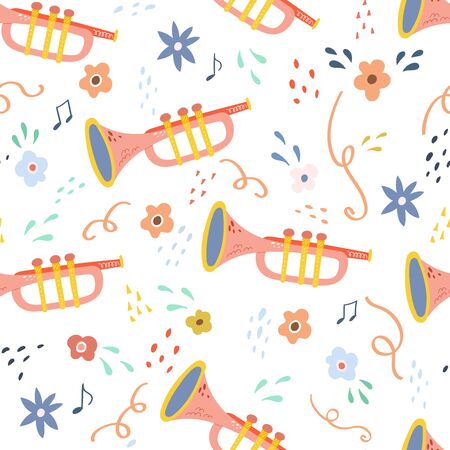 Seamless childish pattern with trendy Musical instrument. Creative trumpet. Kids texture for fabric, wrapping, textile, wallpaper, apparel. Vector illustrationのイラスト素材