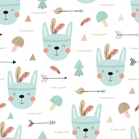 Cute print Boho style. Seamless pattern with cute little bunny. vector illustration. Vector print with bunnyのイラスト素材