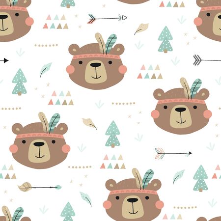 Cute print Boho style. Seamless pattern with cute little bear. vector illustration. Vector print with bearのイラスト素材
