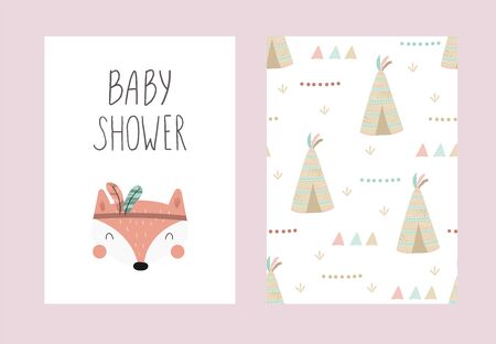 Cute print Boho style. Seamless pattern with cute little animals. vector illustration. Vector print with animals. Baby Shower card designのイラスト素材