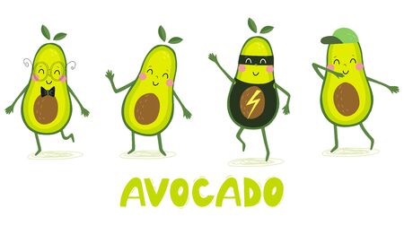 Cute hand drawn with cartoon avocado. Funny cartoon avocado healthy food. Fresh print.のイラスト素材