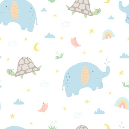 Seamless pattern with cute little elephant, turtle, bird. Creative scandinavian kids texture for fabric, wrapping, textile, wallpaper, apparel. Vector illustration. Vector print.のイラスト素材