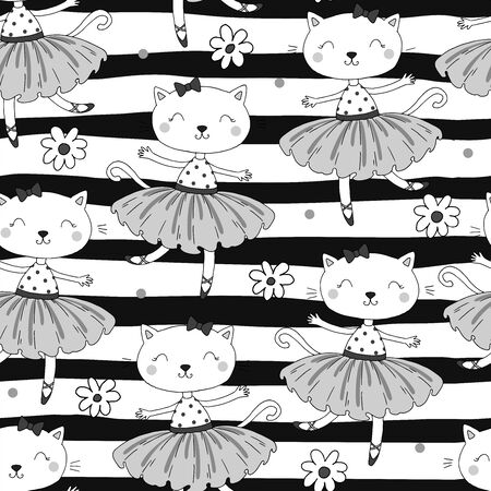 hand drawn Sample pattern with Cat, ballerina illustration, children print on t-shirtのイラスト素材