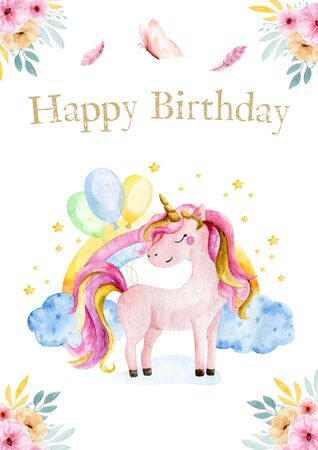 Hand drawn greeting card white cute watercolor unicorn and rainbow clipart. Nursery unicorns illustration. Princess unicorns poster. Trendy pink cartoon horse. Happy birthday.の写真素材