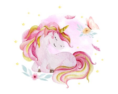 Isolated cute watercolor unicorn and flowers clipart. Nursery unicorns illustration. Princess unicorns poster. Trendy pink cartoon horse.の写真素材