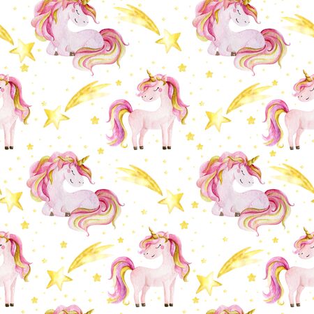 Cute watercolor seamless pattern with unicorn. Nursery unicorns illustration.の写真素材