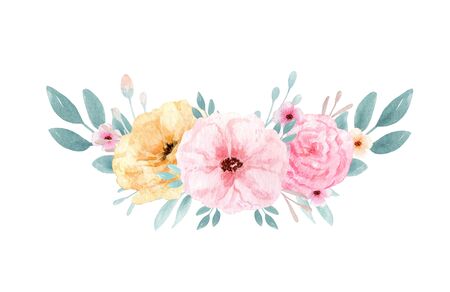 Hand drawn watercolor bouquet illustration. Isolated Botanical wreathes of green branches and flower leaves. Spring and summer mood. Wedding blossom Floral Design element.の写真素材
