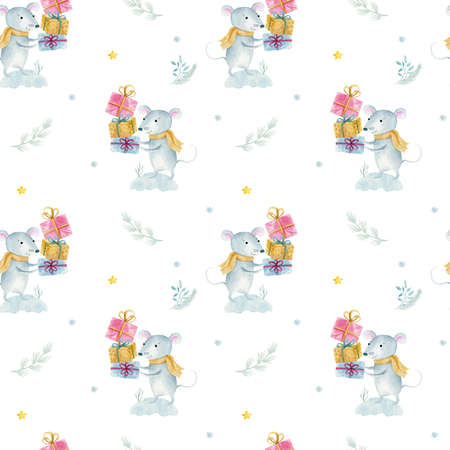 Watercolor seamless pattern with Cute cartoon christmas rat mouse. Watercolor hand drawn animal illustration. New Year 2020 holiday drawing.の写真素材