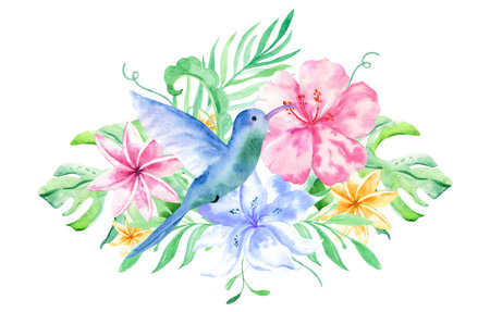 Watercolor bouqet with tropical flowers, leaves and hummingbird. Hawaiian exotic illustrations for greeting card, wedding, wallpaper.の写真素材
