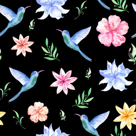 Floral seamless tropical pattern, summer background with exotic flowers, palm leaves, jungle leaf, orchid flower and hummingbird. Vintage botanical wallpaper, illustration in Hawaiian styleの写真素材