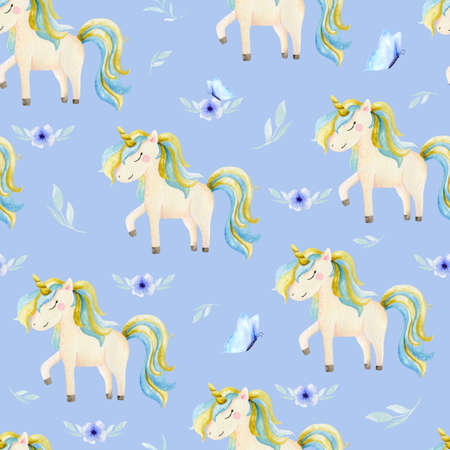 Cute watercolor seamless pattern with unicorn. Nursery unicorns illustration.の写真素材