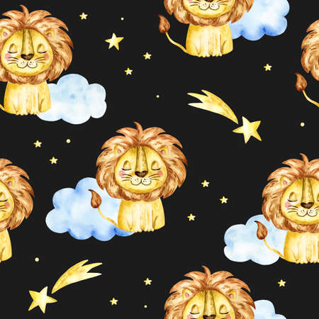 seamless pattern with a lion. Watercolor cartoon lion savanna animal illustration.の写真素材