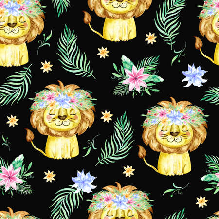 seamless tropical pattern with a lion. Watercolor cartoon lion savanna animal illustration. Jungle savannah tropical exotic summer print.の写真素材