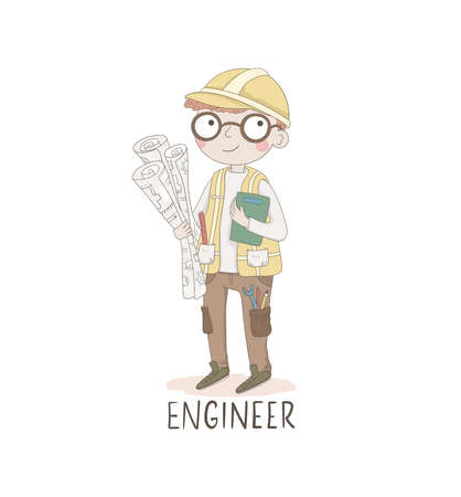 Cartoon illustration of a engineer. Kids workers. Child professional. Cute vector alphabet. Letter E - engineer.のイラスト素材