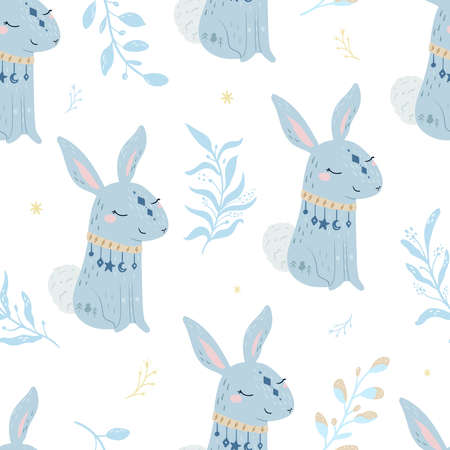 Seammless pattern. Rabbit vector illustration for kids. Bohemian illustrations with animals, stars, magic and runes. Cute animal in the Scandinavian style.のイラスト素材