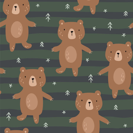 Hand drawn seamless pattern with cute little bear cartoon style. Vector pattern. doodle illustration for kids vector printのイラスト素材