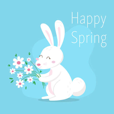 Happy Easter background with easter bunnies and spring decorative elements. Cute cartoon design templateのイラスト素材