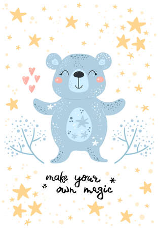 Greeting card cute cartoon bear with flower on a white background. Make your own magic cardのイラスト素材