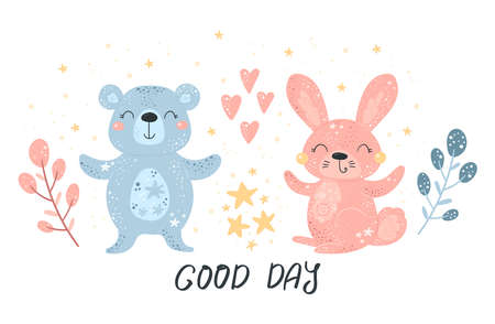 Greeting card cute cartoon Rabbit and bear with flower on a white background. Good day cardのイラスト素材