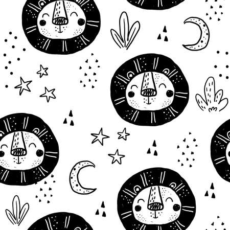 Seamless pattern with Cartoon characters scandinavian lion. Hand drawn seamless pattern with triangles on white background. For wrapping, surface design, wallpaper, greeting cardsのイラスト素材