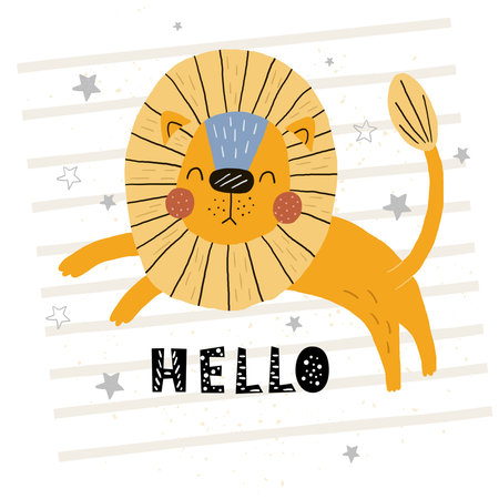 Funny cute scandinavian lion cartoon style. Vector print with lion. Printable templates. vector print. Perfect for kids apparel, poster, baby shower card. Vector illustrationのイラスト素材