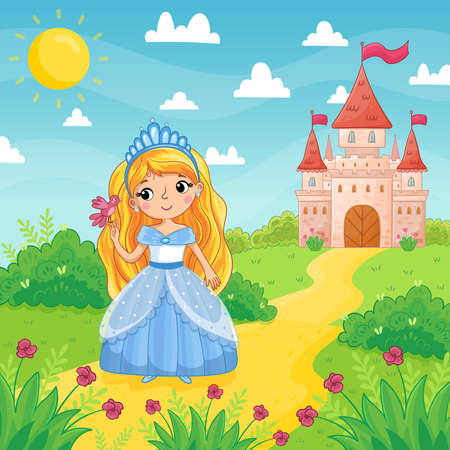Cute little girl and princess in a blue beautiful dress holding a bird on the background of a castle in a green meadow. Vector illustration in a cartoon style.のイラスト素材