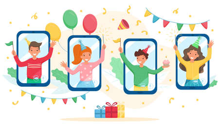 Online party concept illustration. Happy people in screen smartphone celebrating. Flat vector illustration.のイラスト素材