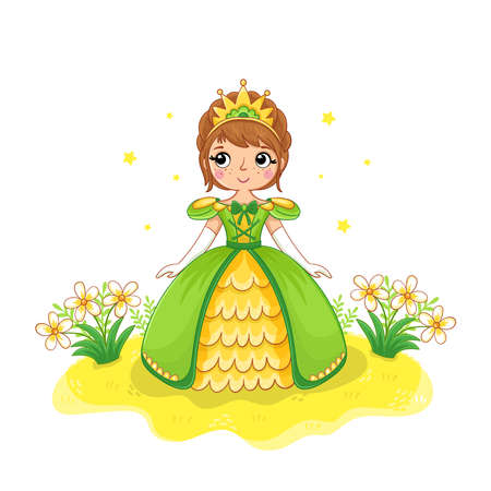 Cute girl in a cartoon style. Princess in a green beautiful dress stand in a meadow. Vector illustration.のイラスト素材