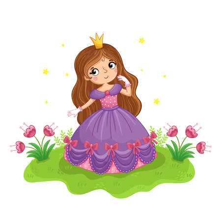 Cute girl in a cartoon style. Princess in a purple beautiful dress stand in a meadow. Vector illustration.のイラスト素材